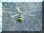 Mi-17 flies over snow-brushed coniferous forests, close to the Tibetan border