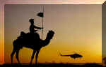 Silhouettes both: A Border Security Force Camel and an IAF Mi-17 in the Western desert